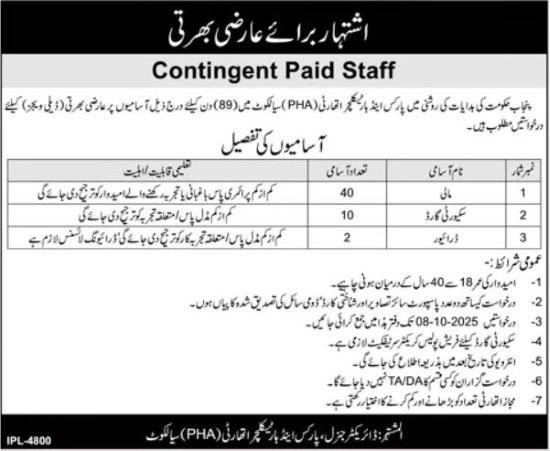 Parks And Horticulture Authority Jobs in Sialkot
