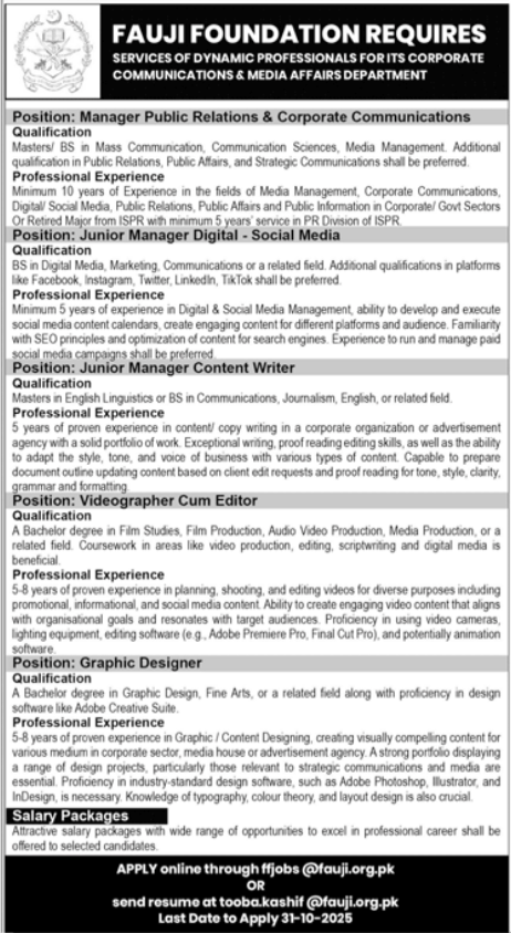 Fauji Foundation Jobs in Rawalpindi