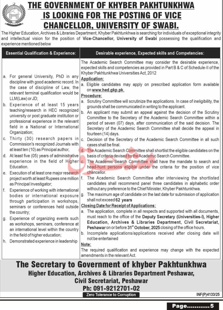 Vice Chancellor Jobs in Swabi