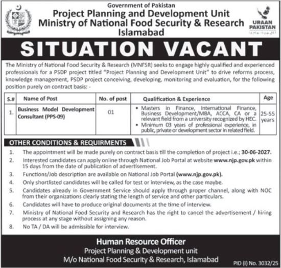 Ministry of National Food Security Jobs in Islamabad