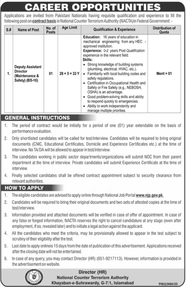 National Counter Terrorism Authority Jobs in Islamabad