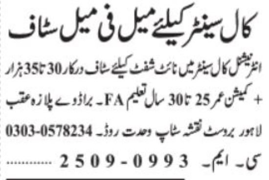 Call Center Staff Jobs in Lahore