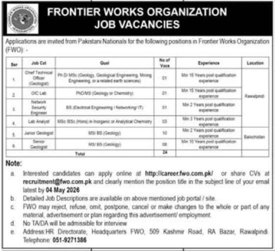 Frontier Works Organization Jobs in Quetta